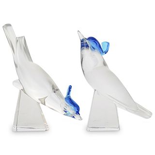 (2 Pcs) Retired Lalique Crystal Blue Bird Figurine