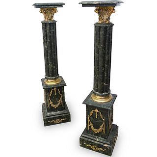 Pair Of Dore Bronze & Green Marble Pedestals