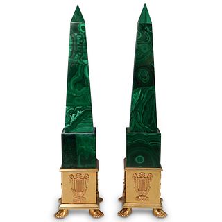 Pair Of Gilt Bronze Malachite Obelisks