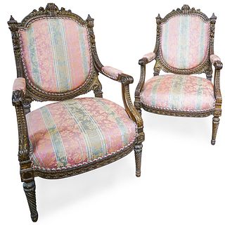 Pair Of French XVI Style Gilded Arm Chairs