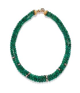An 18 Karat Yellow Gold and Carved Emerald Bead Double Strand Necklace with Diamond Rondelles, 36.00 dwts.