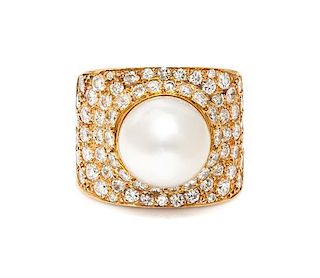 An 18 Karat Yellow Gold, Cultured South Sea Pearl and Diamond Ring, 17.80 dwts.