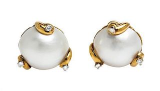 A Pair of 18 Karat Yellow Gold, Mabe Pearl and Diamond Earclips, 12.30 dwts.