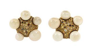 A Pair of 18 Karat Yellow Gold, Quahog Pearl, Diamond and Colored Diamond Earclips, N. Varney, 23.10 dwts.