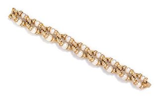 An 18 Karat Yellow Gold, Cultured Pearl and Diamond Bracelet, 62.30 dwts.