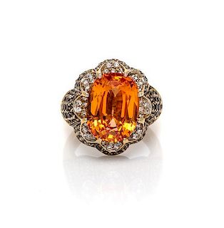An 18 Karat Yellow Gold, Orange Sapphire, Diamond and Colored Diamond Ring, 10.50 dwts.