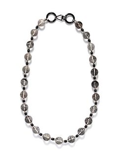 An 18 Karat White Gold, Onyx, Diamond and Tourmalinated Quartz Bead Necklace,