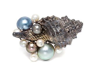 An 18 Karat White Gold, Cultured Pearl and Diamond Brooch, Lee Havens, 50.40 dwts.