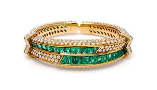 An 18 Karat Yellow Gold, Emerald and Diamond Cuff Bracelet, Harry Winston, 49.50 dwts.