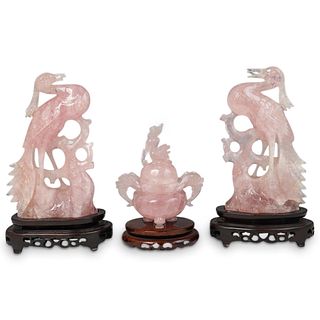 (3 Pc) Chinese Carved Rose Quartz Figurines