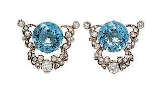 A Pair of Silver, Yellow Gold, Aquamarine and Diamond Earclips, 11.80 dwts.