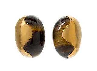 A Pair of 18 Karat Yellow Gold and Tiger's Eye Earclips, Van Cleef & Arpels, 21.90 dwts.
