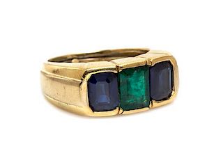 A Yellow Gold, Emerald and Sapphire Ring, 5.60 dwts.