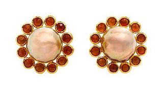 A Pair of High Karat Gold, Citrine and Cultured Tahitian Pearl Earclips, 14.90 dwts.