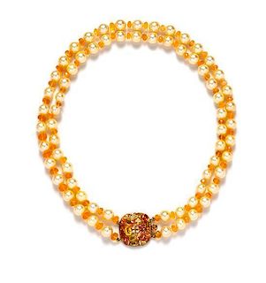 An 18 Karat Yellow Gold, Cultured Pearl, Fire Opal and Fancy Sapphire Double Strand Necklace, Dorota, 55.70 dwts.