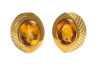 A Pair of 18 Karat Yellow Gold and Citrine Earclips, 14.50 dwts.