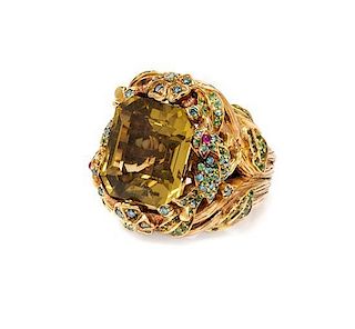 An 18 Karat Yellow Gold, Citrine, Ruby, Tsavorite and Treated Blue Diamond Ring, 25.40 dwts.