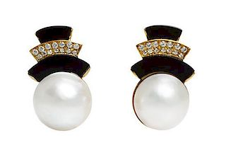 A Pair of 18 Karat Yellow Gold, Mabe Pearl, Onyx and Enamel Earclips, 15.30 dwts.