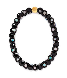 A 14 Karat Yellow Gold, Onyx and Opal Necklace,