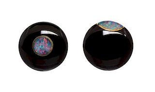 A Pair of 14 Karat Yellow Gold, Onyx and Opal Earclips, 17.10 dwts.
