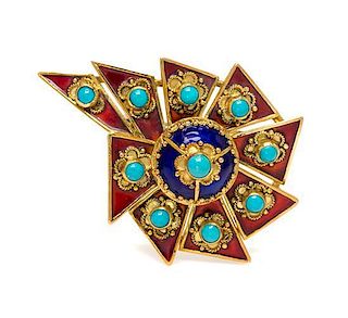 A Yellow Gold, Turquoise and Polychrome Enamel Brooch, 15.90 dwts.