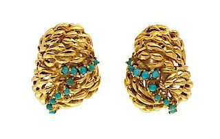 A Pair of 18 Karat Yellow Gold and Turquoise Earclips, 16.70 dwts.