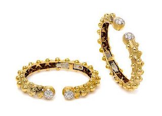 A Pair of 18 Karat Yellow Gold, Platinum and Diamond Bangle Bracelets, David Webb, 26.20 dwts.