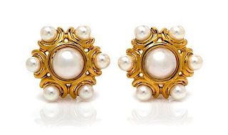 A Pair of 18 Karat Yellow Gold and Cultured Pearl Earclips, 23.30 dwts.