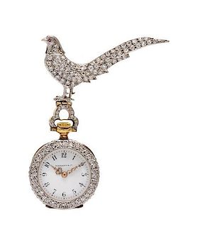 A Platinum, Diamond, Ruby and Yellow Gold Open Face Lapel Watch, Tiffany & Co.,
