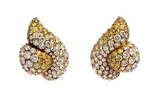 A Pair of 18 Karat Yellow Gold, Colored Diamond and Diamond Earclips, Gioia, 10.90 dwts.