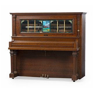 A Stain-Glass Mounted Figured Oak Coin-Operated Player Piano