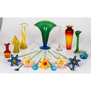 An Assortment of Art Glass Vases and Flowers
