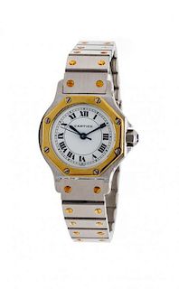 An 18 Karat Yellow Gold and Stainless Steel Santos Ronde Wristwatch, Cartier, 32.40 dwts.