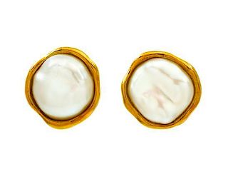 A Pair of 18 Karat Yellow Gold and Cultured Pearl Earclips, Tiffany & Co., 7.80 dwts.