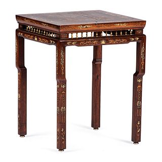 A Chinese Export Huanghuali Carved and Inlaid Table