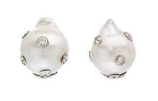 A Pair of 18 Karat Two Tone Gold, Cultured South Sea Pearl and Diamond Earclips, Verdura, 9.40 dwts.