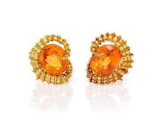 A Pair of 18 Karat Yellow Gold, Spessartite Garnet and Colored Diamond Earclips, N. Varney, 10.60 dwts.