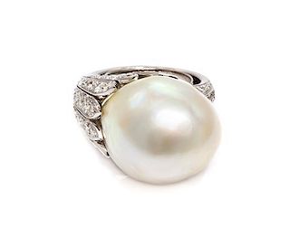 An 18 Karat White Gold, Cultured Pearl and Diamond Ring, 14.40 dwts.