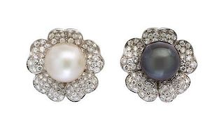 A Pair of 18 Karat White Gold, Cultured Pearl and Diamond Earclips, 18.90 dwts.