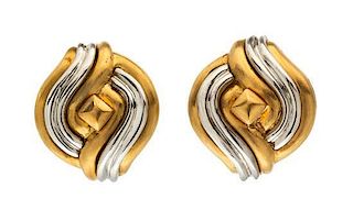 A Pair of 18 Karat Yellow Gold and Platinum Textured Earclips, 20.70 dwts.