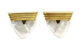 A Pair of 18 Karat Yellow Gold and Cultured Pearl Earclips, Christopher Walling, 17.80 dwts.