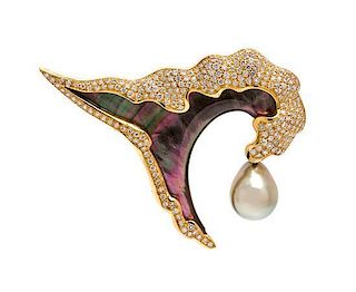 An 18 Karat Yellow Gold, Mother-of-Pearl, Diamond and Cultured Pearl Brooch, 20.40 dwts.