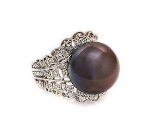 An 18 Karat White Gold, Cultured Tahitian Pearl and Diamond Ring, 10.30 dwts.