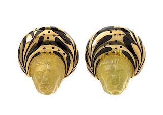 A Pair of 18 Karat Yellow Gold, Yellow Beryl and Enamel Earclips, Elizabeth Gage, 20.10 dwts.