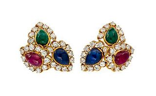 A Pair of Vintage 18 Karat Yellow Gold, Sapphire, Emerald, Ruby and Diamond Earclips, Van Cleef & Arpels, 27.70 dwts.