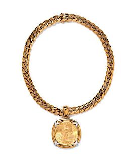 An 18 Karat Yellow Gold Curb Link Chain Necklace and 18 Karat Gold, Diamond and Gold Coin Pendant, David Webb, 148.30 dwts.