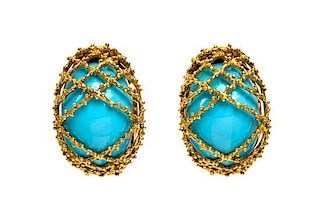 A Pair of 18 Karat Yellow Gold and Enamel Earclips, Van Cleef & Arpels, 15.90 dwts.