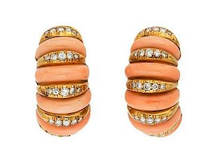 A Pair of 18 Karat Yellow Gold, Coral and Diamond Earclips, Van Cleef & Arpels, 17.50 dwts.