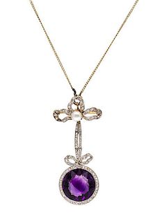 An Edwardian Platinum Topped Gold, Amethyst, Diamond and Pearl Lavaliere Pendant/Brooch, 7.60 dwts.