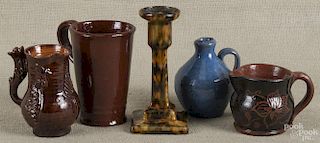 Five pieces of contemporary redware, to include a Foltz mug and a blue glazed jug